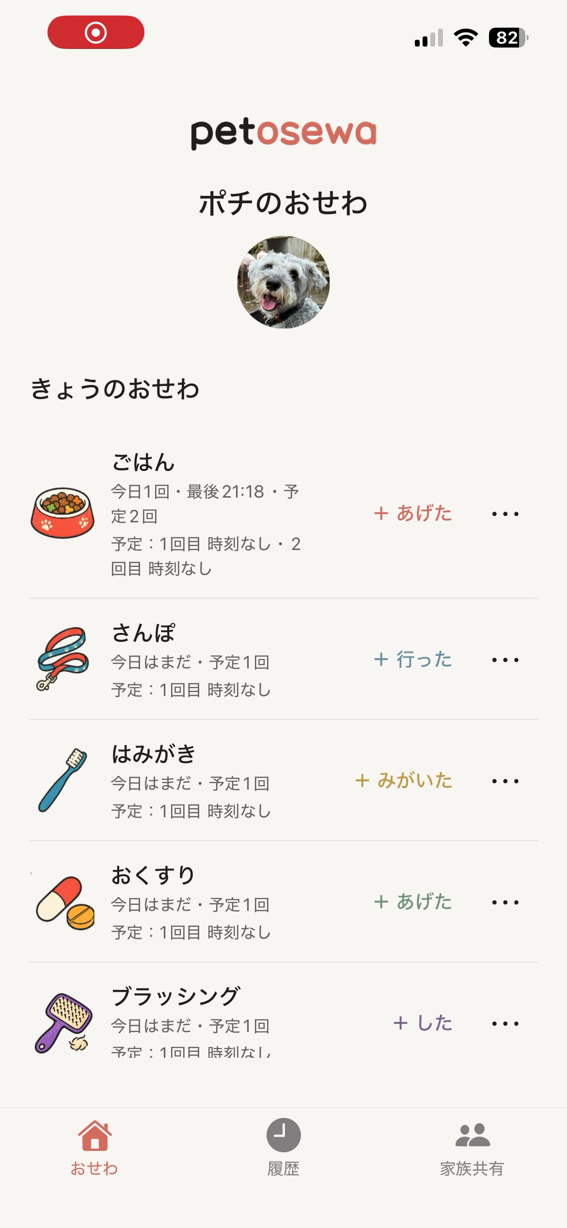 petosewaの実画面。ごはん、さんぽ、はみがき、おくすり、ブラッシングのおせわ項目が並んでいます。